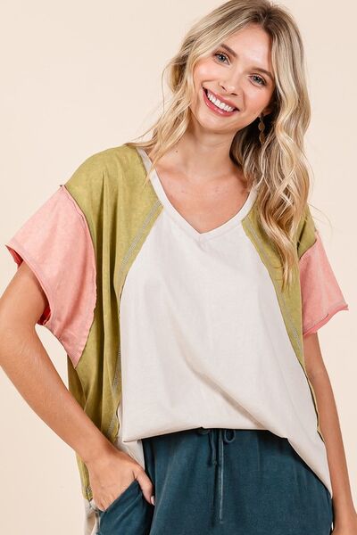 Mittoshop Color Block V - Neck Short Sleeve T-Shirt - Bitsy Gypsy Boutique