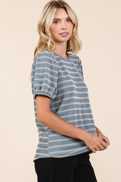 Mittoshop Contrast Striped Short Puff Sleeve Knit Top - Bitsy Gypsy Boutique