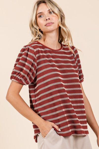 Mittoshop Contrast Striped Short Puff Sleeve Knit Top - Bitsy Gypsy Boutique