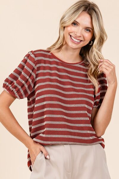 Mittoshop Contrast Striped Short Puff Sleeve Knit Top - Bitsy Gypsy Boutique