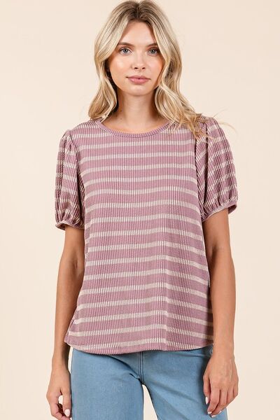 Mittoshop Contrast Striped Short Puff Sleeve Knit Top - Bitsy Gypsy Boutique