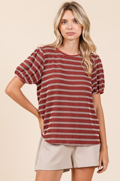 Mittoshop Contrast Striped Short Puff Sleeve Knit Top - Bitsy Gypsy Boutique