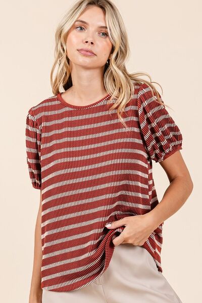 Mittoshop Contrast Striped Short Puff Sleeve Knit Top - Bitsy Gypsy Boutique