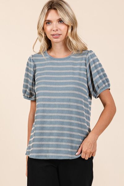 Mittoshop Contrast Striped Short Puff Sleeve Knit Top - Bitsy Gypsy Boutique