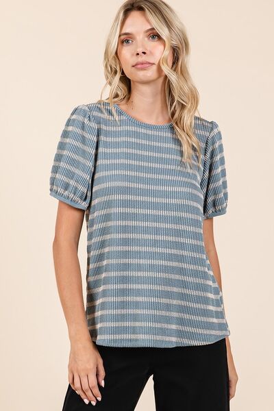 Mittoshop Contrast Striped Short Puff Sleeve Knit Top - Bitsy Gypsy Boutique