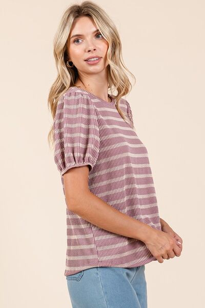 Mittoshop Contrast Striped Short Puff Sleeve Knit Top - Bitsy Gypsy Boutique