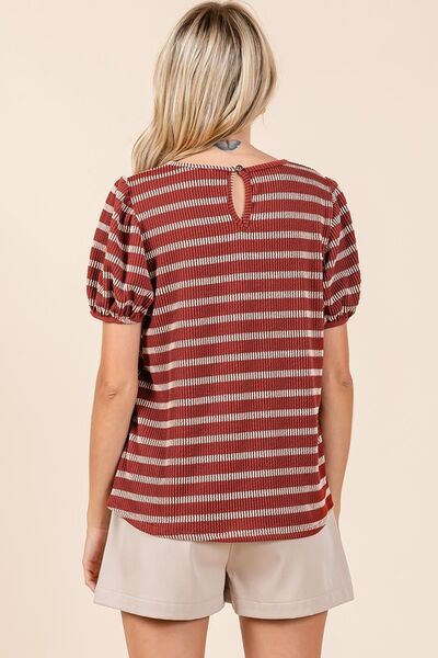 Mittoshop Contrast Striped Short Puff Sleeve Knit Top - Bitsy Gypsy Boutique