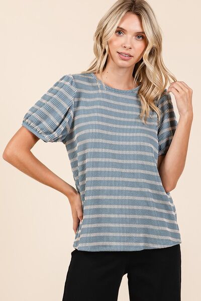 Mittoshop Contrast Striped Short Puff Sleeve Knit Top - Bitsy Gypsy Boutique