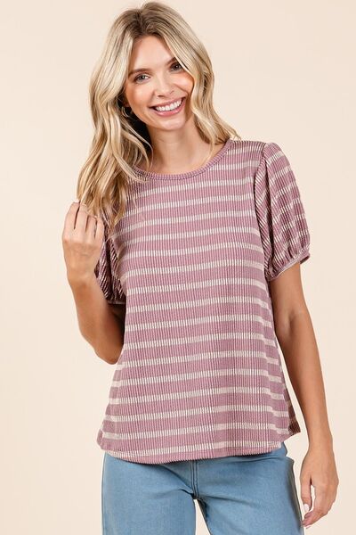 Mittoshop Contrast Striped Short Puff Sleeve Knit Top - Bitsy Gypsy Boutique