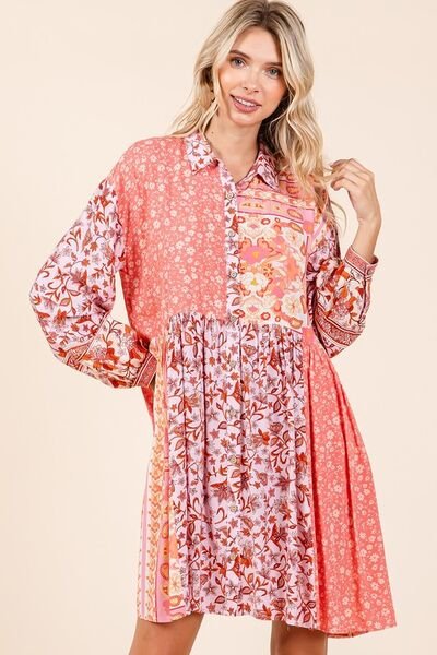 Mittoshop Floral Button Detail Long Sleeve Shirt Dress - Bitsy Gypsy Boutique