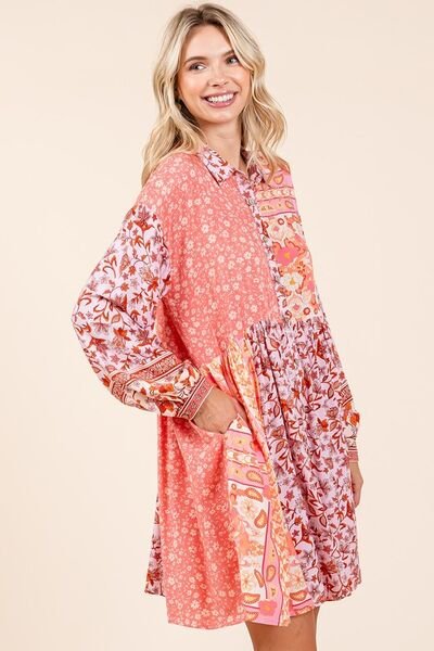 Mittoshop Floral Button Detail Long Sleeve Shirt Dress - Bitsy Gypsy Boutique