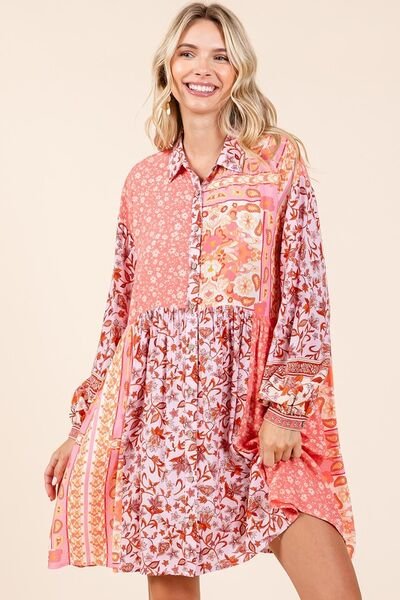 Mittoshop Floral Button Detail Long Sleeve Shirt Dress - Bitsy Gypsy Boutique