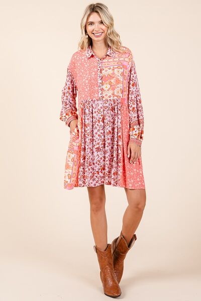 Mittoshop Floral Button Detail Long Sleeve Shirt Dress - Bitsy Gypsy Boutique