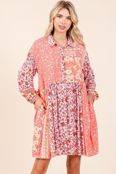 Mittoshop Floral Button Detail Long Sleeve Shirt Dress - Bitsy Gypsy Boutique