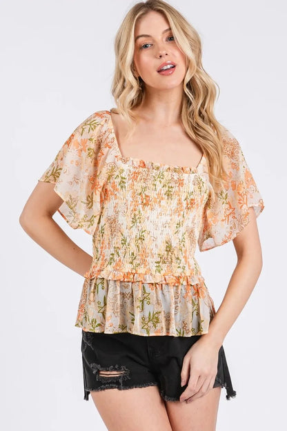 Mittoshop Floral Chiffon Smocked Square Neck Peplum Top - Bitsy Gypsy Boutique