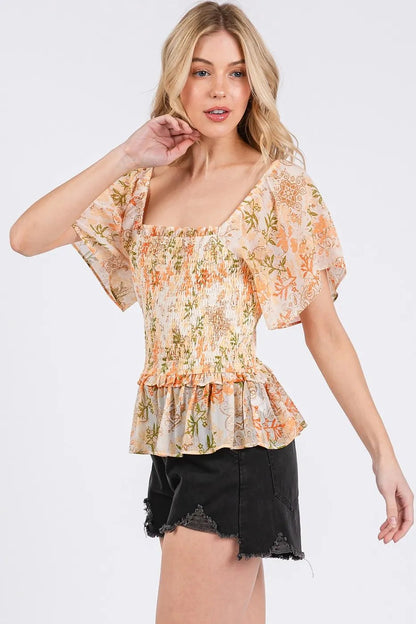 Mittoshop Floral Chiffon Smocked Square Neck Peplum Top - Bitsy Gypsy Boutique