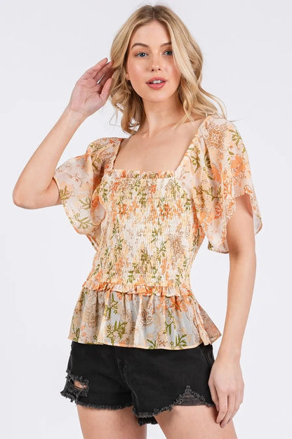 Mittoshop Floral Chiffon Smocked Square Neck Peplum Top - Bitsy Gypsy Boutique