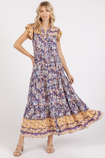 Mittoshop Floral Ruffled Notched Cap Sleeve Maxi Dress - Bitsy Gypsy Boutique