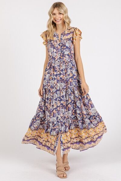 Mittoshop Floral Ruffled Notched Cap Sleeve Maxi Dress - Bitsy Gypsy Boutique