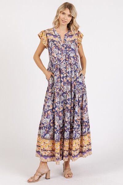 Mittoshop Floral Ruffled Notched Cap Sleeve Maxi Dress - Bitsy Gypsy Boutique