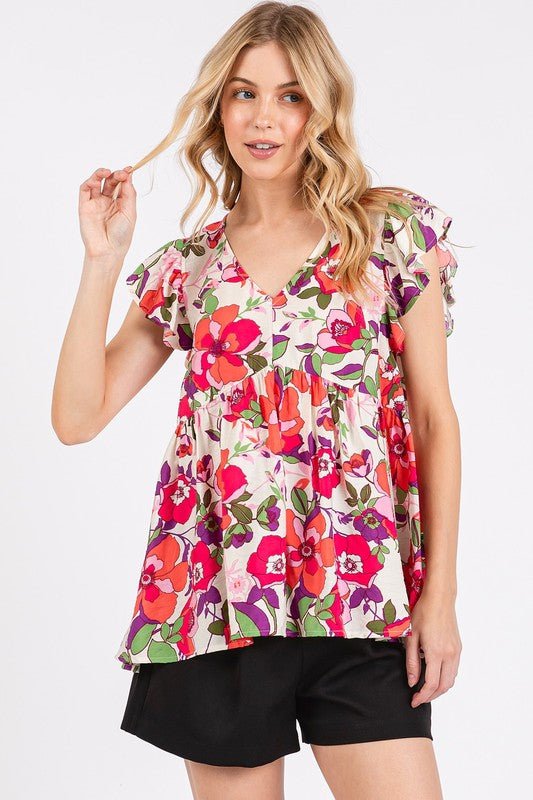 Mittoshop Floral V - Neck Ruffled Cap Sleeve Blouse - Bitsy Gypsy Boutique