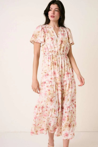 Mittoshop Flower Print Flutter Sleeve V Slit Maxi Dress - Bitsy Gypsy Boutique