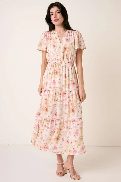 Mittoshop Flower Print Flutter Sleeve V Slit Maxi Dress - Bitsy Gypsy Boutique