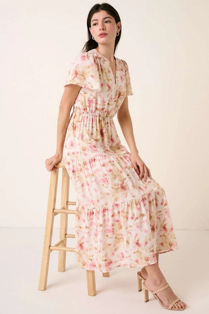 Mittoshop Flower Print Flutter Sleeve V Slit Maxi Dress - Bitsy Gypsy Boutique