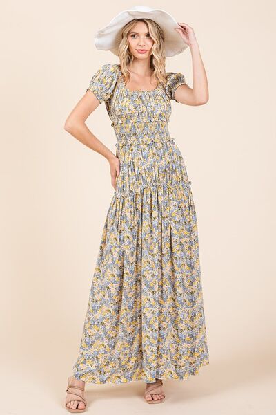 Mittoshop Flower Print Puff Sleeve Gathered Maxi Dress - Bitsy Gypsy Boutique