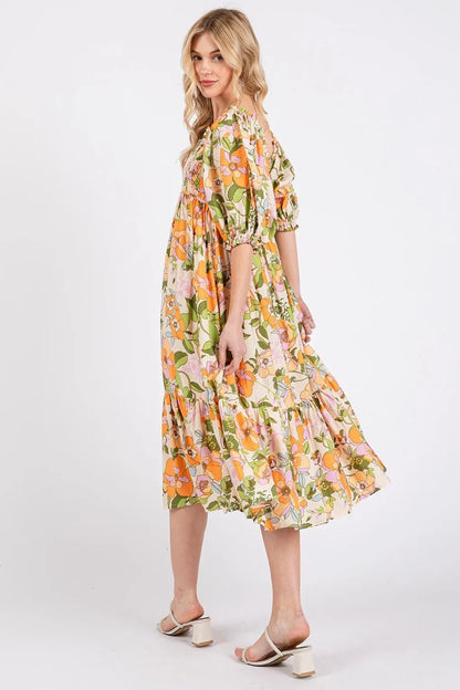 Mittoshop Flower Print Puff Sleeve Ruffle Smocked Midi Dress - Bitsy Gypsy Boutique