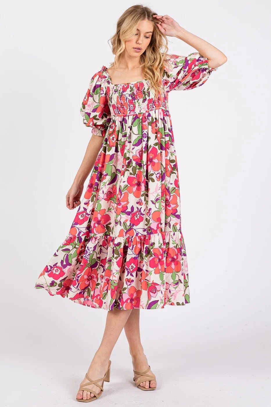 Mittoshop Flower Print Puff Sleeve Ruffle Smocked Midi Dress - Bitsy Gypsy Boutique