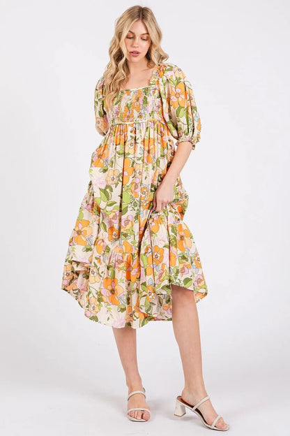Mittoshop Flower Print Puff Sleeve Ruffle Smocked Midi Dress - Bitsy Gypsy Boutique