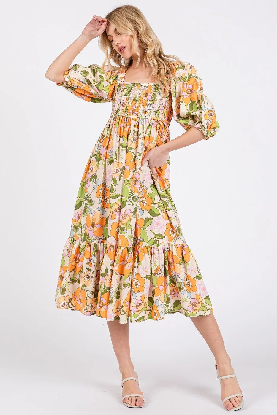 Mittoshop Flower Print Puff Sleeve Ruffle Smocked Midi Dress - Bitsy Gypsy Boutique