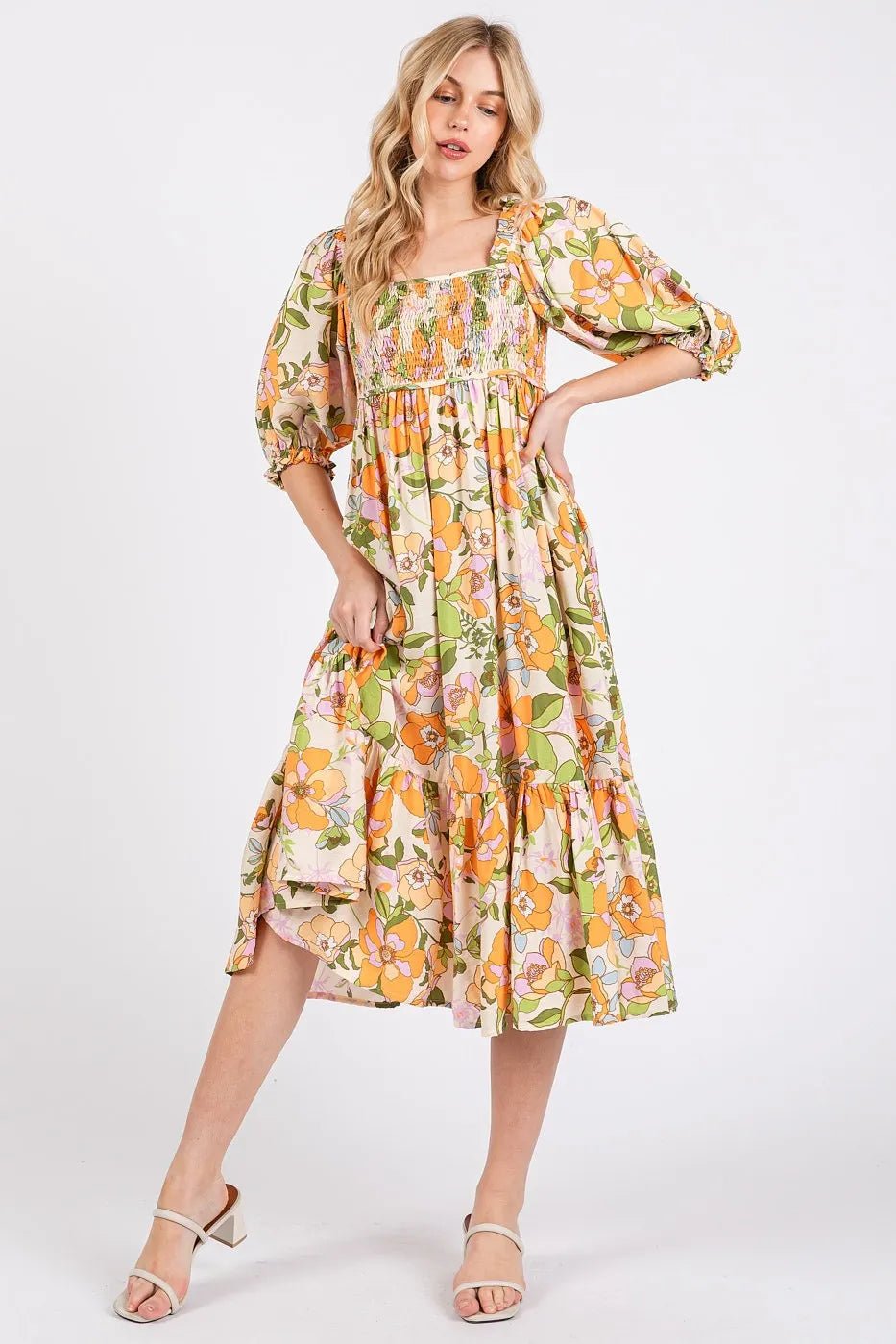Mittoshop Flower Print Puff Sleeve Ruffle Smocked Midi Dress - Bitsy Gypsy Boutique