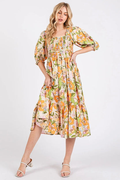Mittoshop Flower Print Puff Sleeve Ruffle Smocked Midi Dress - Bitsy Gypsy Boutique
