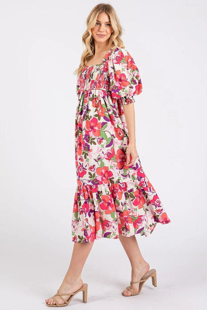 Mittoshop Flower Print Puff Sleeve Ruffle Smocked Midi Dress - Bitsy Gypsy Boutique