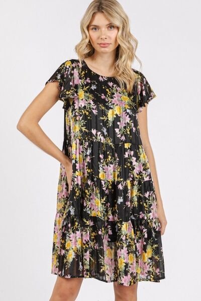Mittoshop Flower Print Round Neck Flutter Sleeve Tiered Dress - Bitsy Gypsy Boutique