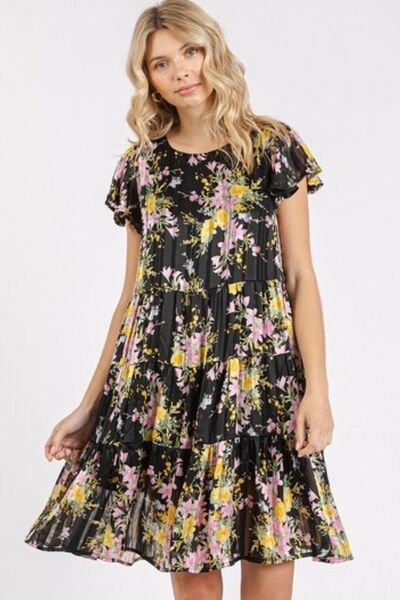 Mittoshop Flower Print Round Neck Flutter Sleeve Tiered Dress - Bitsy Gypsy Boutique