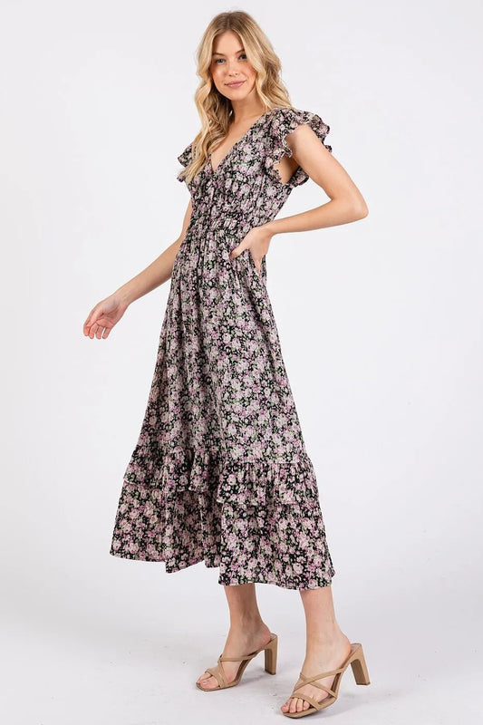 Mittoshop Flower Print Ruffle Cap Sleeve V - neck Midi Dress - Bitsy Gypsy Boutique