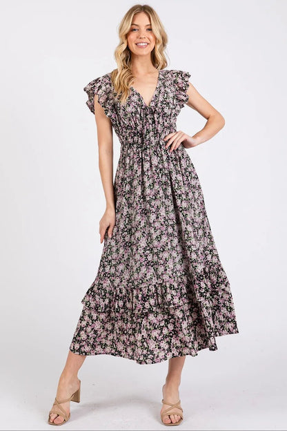 Mittoshop Flower Print Ruffle Cap Sleeve V - neck Midi Dress - Bitsy Gypsy Boutique