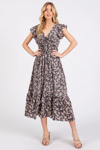 Mittoshop Flower Print Ruffle Cap Sleeve V - neck Midi Dress - Bitsy Gypsy Boutique