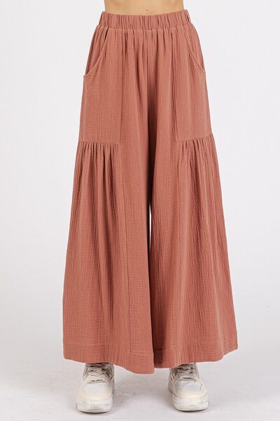 Mittoshop Gauze Elastic Waist Pleated Wide Leg Pants - Bitsy Gypsy Boutique