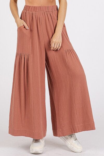 Mittoshop Gauze Elastic Waist Pleated Wide Leg Pants - Bitsy Gypsy Boutique