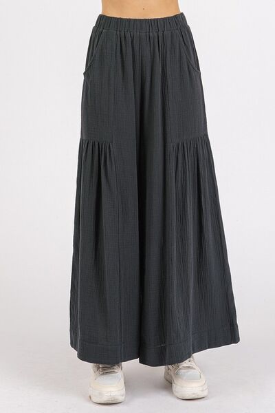 Mittoshop Gauze Elastic Waist Pleated Wide Leg Pants - Bitsy Gypsy Boutique