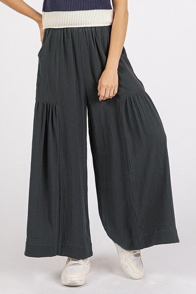 Mittoshop Gauze Elastic Waist Pleated Wide Leg Pants - Bitsy Gypsy Boutique