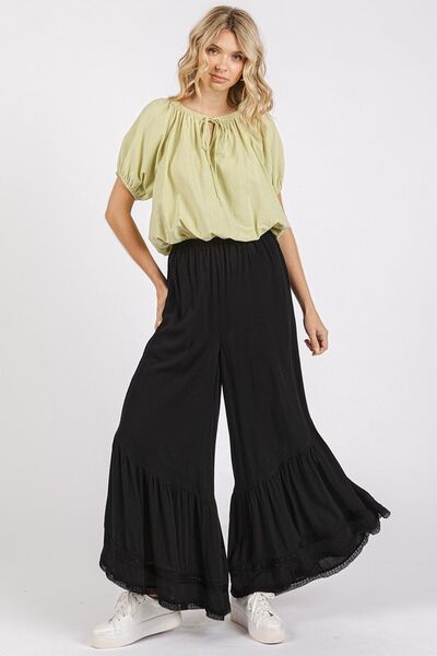 Mittoshop Lace Ruffle Asymmetric Hem Wide Leg Pants - Bitsy Gypsy Boutique