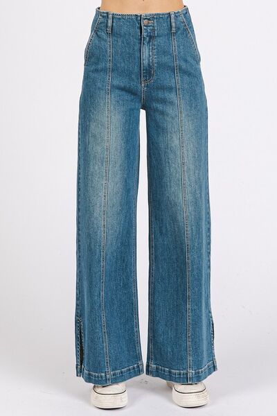 Mittoshop Medium Wash Seam Detail Wide Leg Denim Jeans - Bitsy Gypsy Boutique