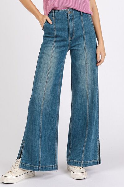 Mittoshop Medium Wash Seam Detail Wide Leg Denim Jeans - Bitsy Gypsy Boutique