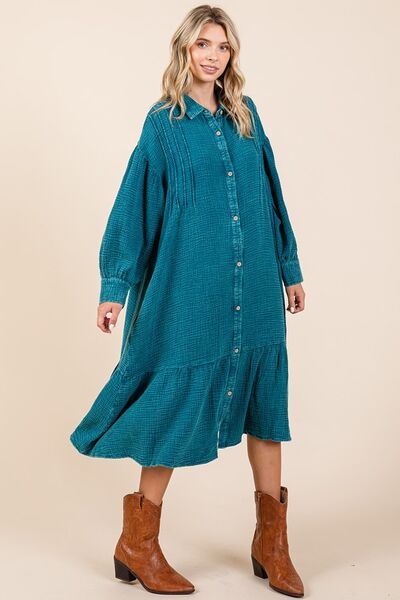 Mittoshop Mineral Wash Cotton Gauze Ruffle Midi Shirt Dress - Bitsy Gypsy Boutique