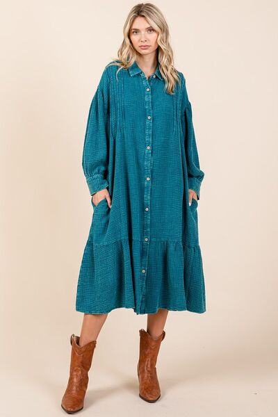 Mittoshop Mineral Wash Cotton Gauze Ruffle Midi Shirt Dress - Bitsy Gypsy Boutique